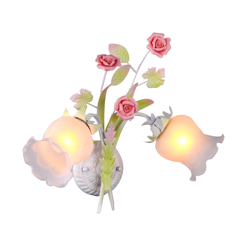 Rural Floral Sconce With 2 Opal Glass Lights And Bloom Deco In Green/White/Pink