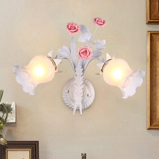 Rural Floral Sconce With 2 Opal Glass Lights And Bloom Deco In Green/White/Pink
