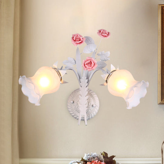 Rural Floral Sconce With 2 Opal Glass Lights And Bloom Deco In Green/White/Pink