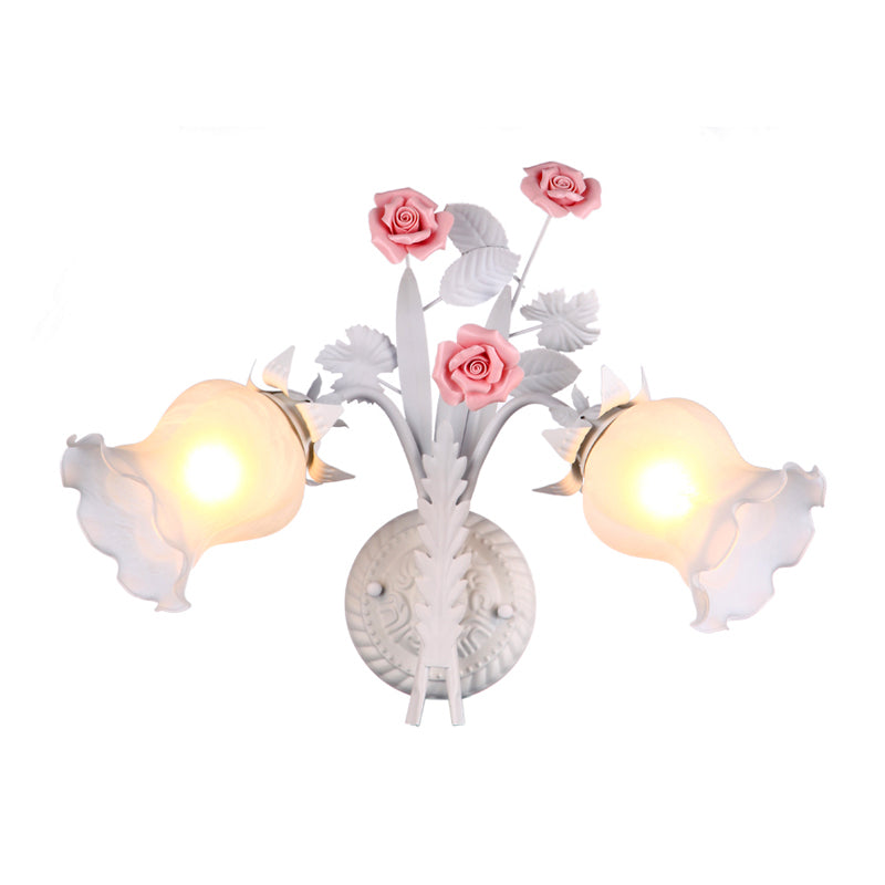 Rural Floral Sconce With 2 Opal Glass Lights And Bloom Deco In Green/White/Pink