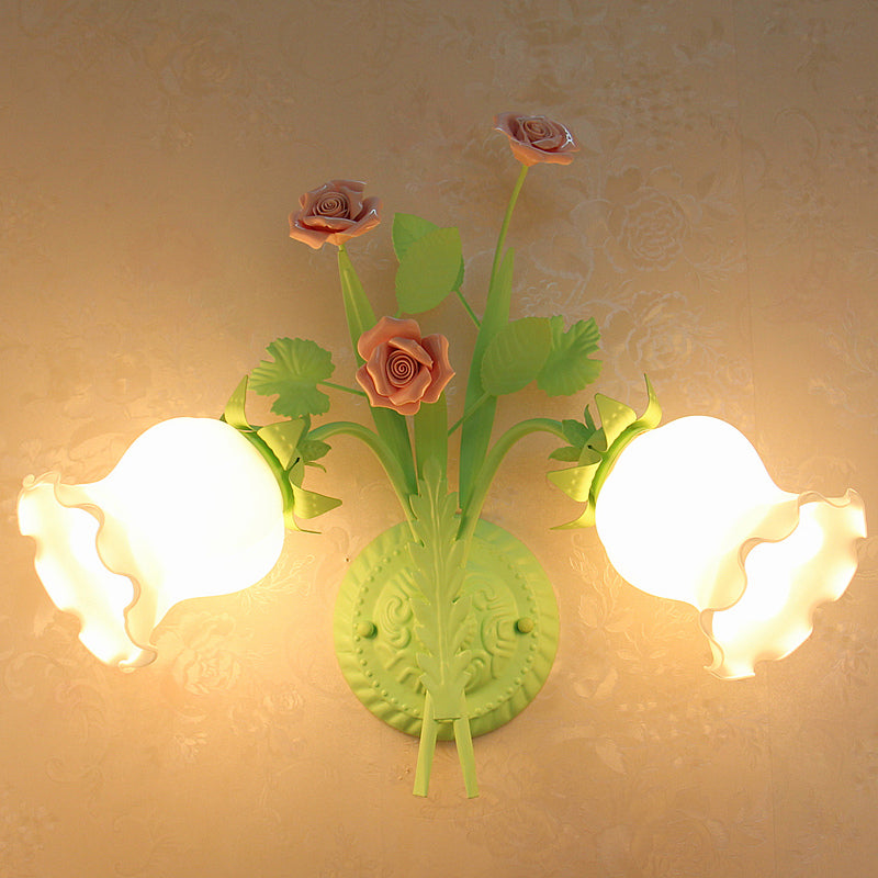 Rural Floral Sconce With 2 Opal Glass Lights And Bloom Deco In Green/White/Pink