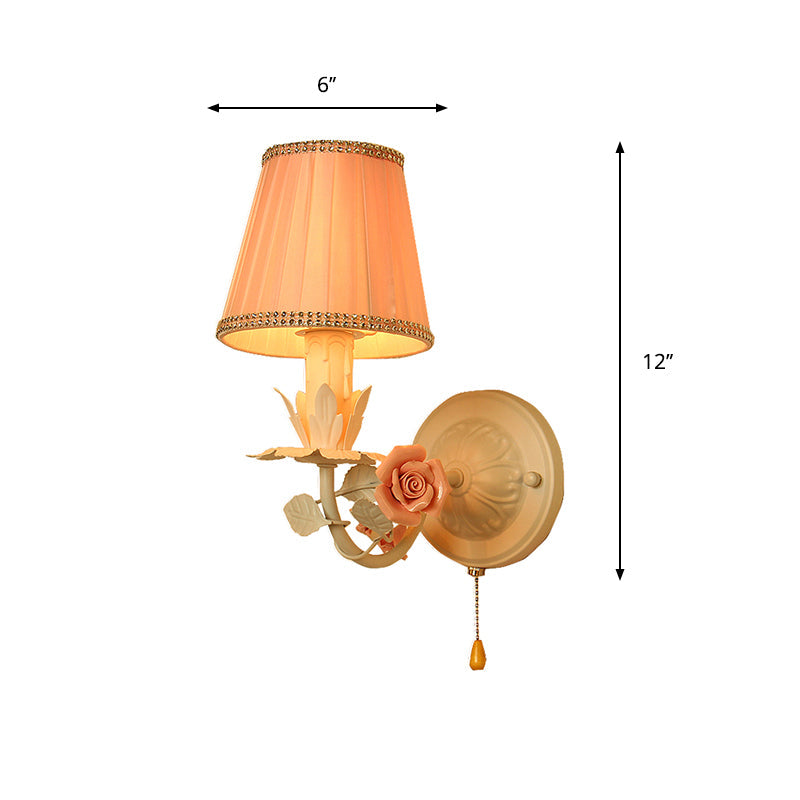 Countryside Pink Metal Sconce Light - Bedroom Wall Mount Lamp With Flower Deco