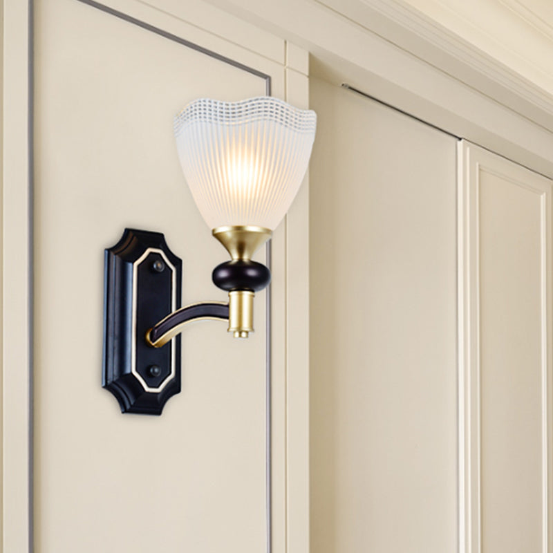 Latticed Glass Cone Up Wall Lamp - Translucent Farmhouse Style Black/Gold 1/2 Light Indoor Mount