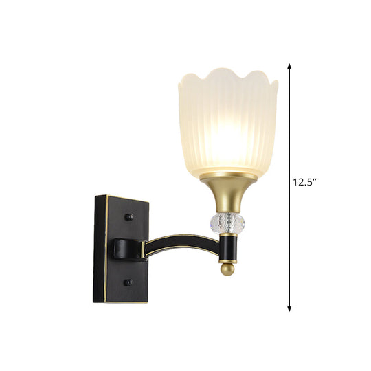 Farmhouse Scalloped Floral Wall Sconce With Opal Glass Shades - Black And Gold Finish