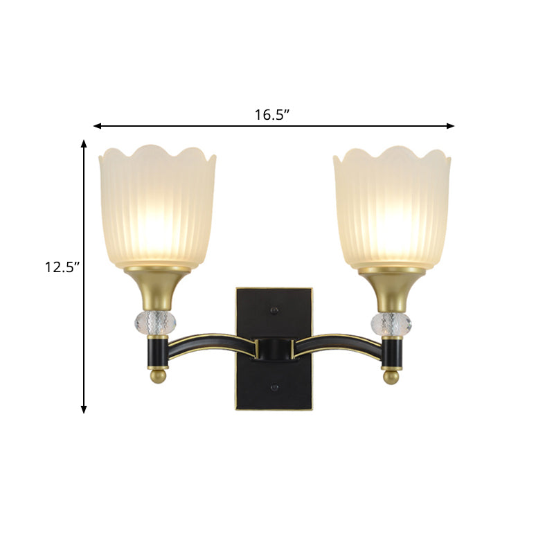 Farmhouse Scalloped Floral Wall Sconce With Opal Glass Shades - Black And Gold Finish