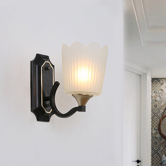 Vintage Scalloped Cup Wall Sconce With Frosted Glass And Black Finish