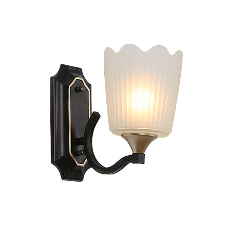 Vintage Scalloped Cup Wall Sconce With Frosted Glass And Black Finish