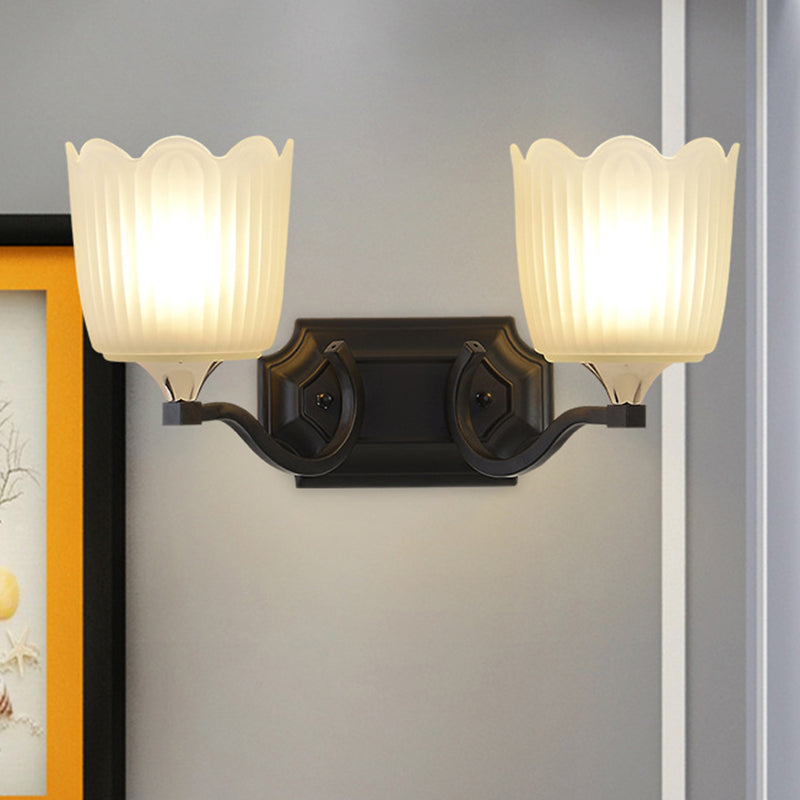 Vintage Scalloped Cup Wall Sconce With Frosted Glass And Black Finish 2 /