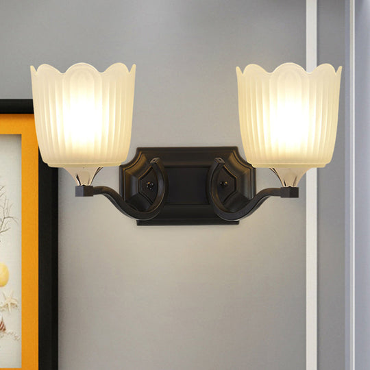 Vintage Scalloped Cup Wall Sconce With Frosted Glass And Black Finish 2 /