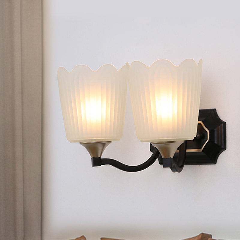 Vintage Scalloped Cup Wall Sconce With Frosted Glass And Black Finish