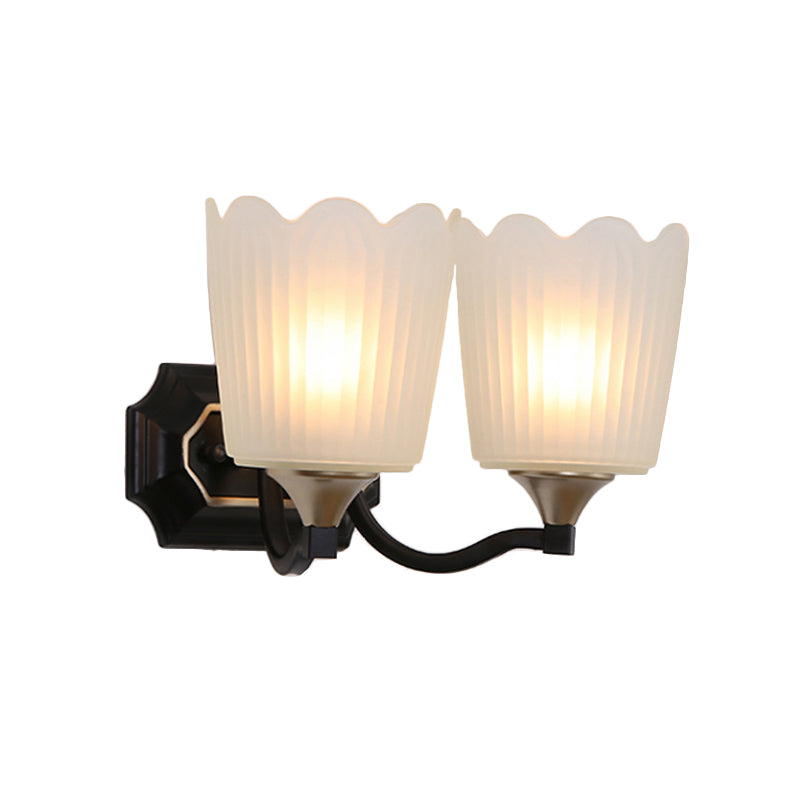 Vintage Scalloped Cup Wall Sconce With Frosted Glass And Black Finish