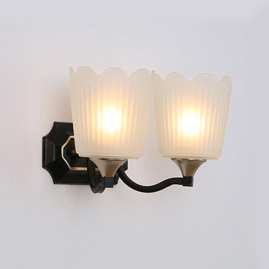 Vintage Scalloped Cup Wall Sconce With Frosted Glass And Black Finish
