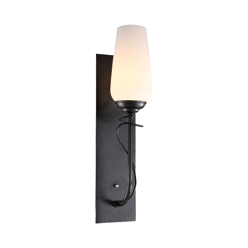 Rustic Black Wall Sconce Lamp: Single Light Conical White Glass Fixture