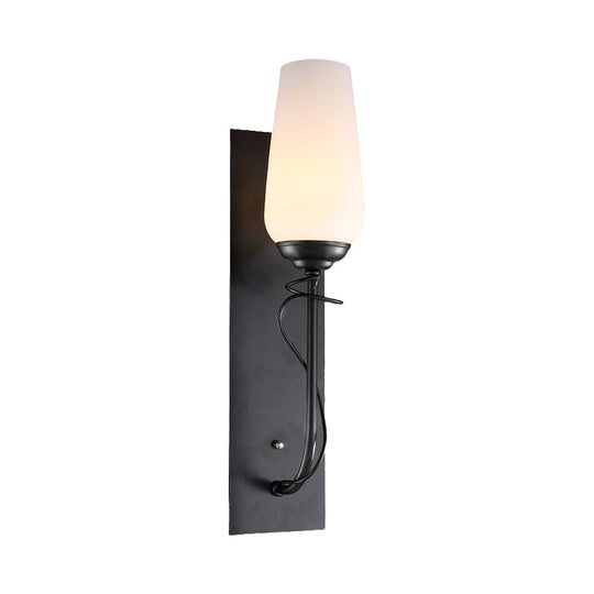 Rustic Black Wall Sconce Lamp: Single Light Conical White Glass Fixture