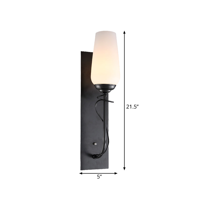 Rustic Black Wall Sconce Lamp: Single Light Conical White Glass Fixture