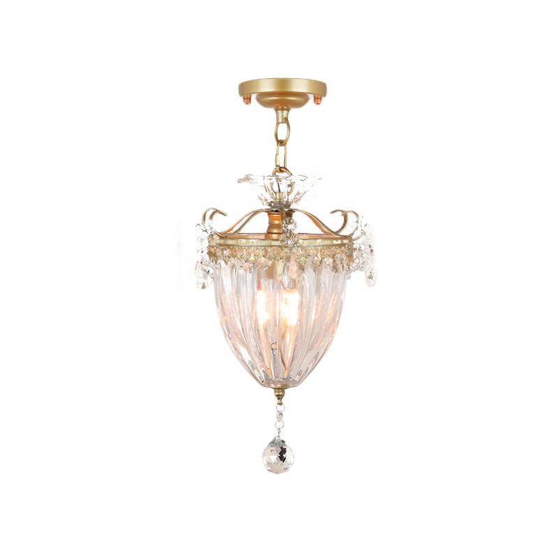1 - Bulb Semi Flush Gold Ceiling Light With Traditional Ribbed Crystal Bell Design
