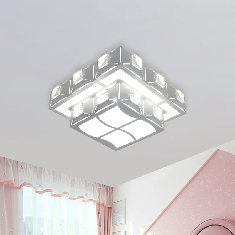 Modern Crystal Embedded 2-Tier Square Ceiling Flush-Mount Light Fixture - White Led Corridor