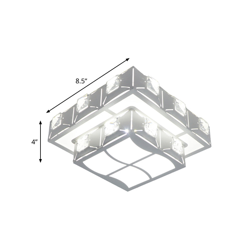 Modern Crystal Embedded 2-Tier Square Ceiling Flush-Mount Light Fixture - White Led Corridor