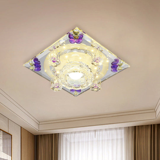 Modern Crystal Led Flush-Mount Light Fixture: Purple Butterfly/Amber Gem Ceiling Lamp