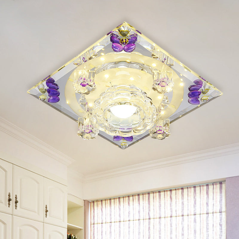 Modern Crystal Led Flush - Mount Light Fixture: Purple Butterfly/Amber Gem Ceiling Lamp