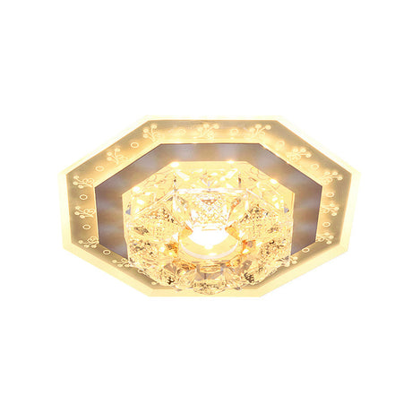 Crystal Clear Led Foyer Ceiling Light With Minimalist Pattern Edge And Square/Polygon Flush Mount
