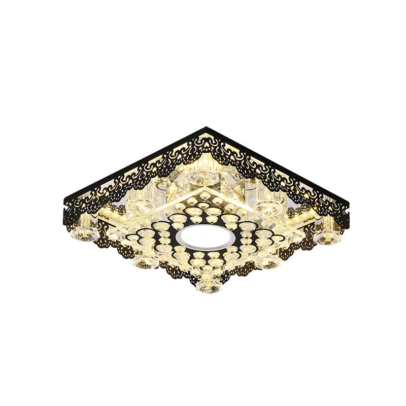 Black Crystal Floral-Trim Led Close-To-Ceiling Lamp - Contemporary Square/Round Design