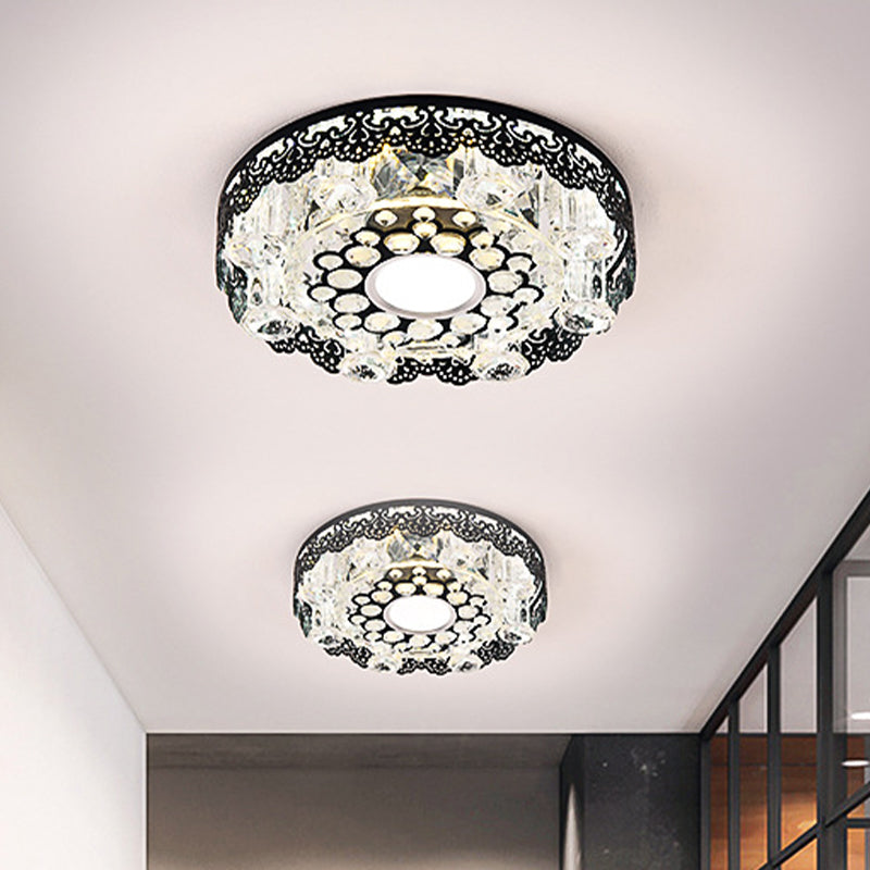 Black Crystal Floral-Trim Led Close-To-Ceiling Lamp - Contemporary Square/Round Design