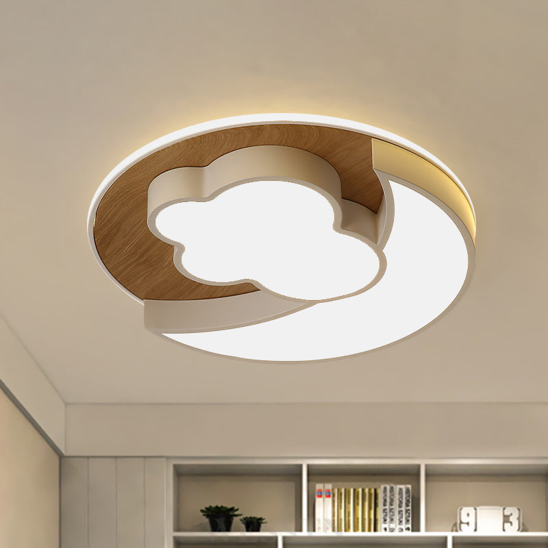 Cartoon Crescent And Cloud Led Flush Mount Light For Childs Bedroom In Blue/Wood Wood