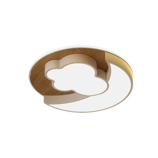 Cartoon Crescent And Cloud Led Flush Mount Light For Child’s Bedroom In Blue/Wood