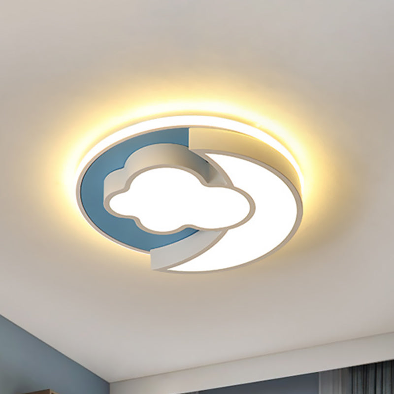 Cartoon Crescent And Cloud Led Flush Mount Light For Childs Bedroom In Blue/Wood Blue