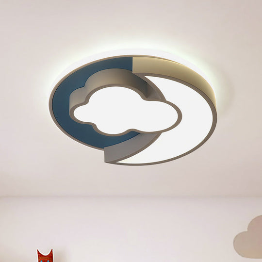 Cartoon Crescent And Cloud Led Flush Mount Light For Childs Bedroom In Blue/Wood