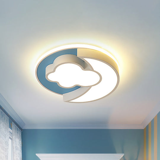 Cartoon Crescent And Cloud Led Flush Mount Light For Childs Bedroom In Blue/Wood