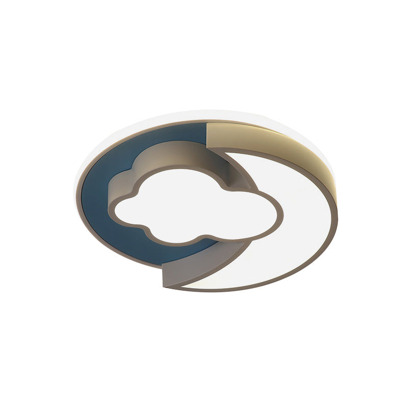 Cartoon Crescent And Cloud Led Flush Mount Light For Childs Bedroom In Blue/Wood