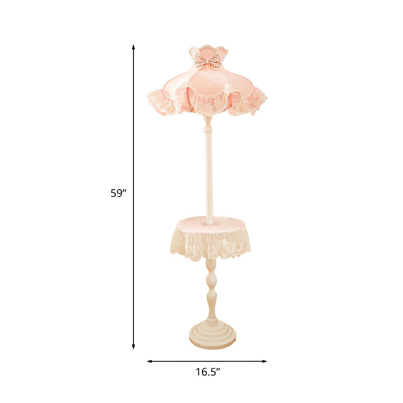 Nordic Pink Lace-Trimmed Stand Up Lamp With White Wood Table - Floor Light 1 Bulb