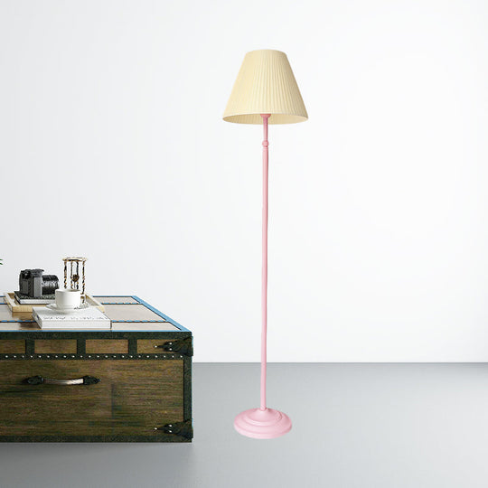 Macaron 1-Light Straight Rod Iron Floor Lamp In Pink/Green With Pleated Pink/Yellow Shade