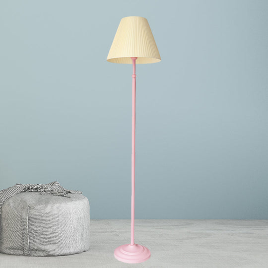 Macaron 1-Light Straight Rod Iron Floor Lamp In Pink/Green With Pleated Pink/Yellow Shade