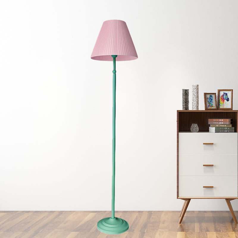 Macaron 1-Light Straight Rod Iron Floor Lamp In Pink/Green With Pleated Pink/Yellow Shade