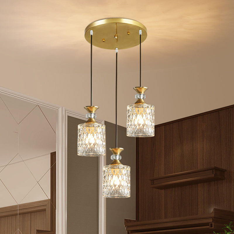 Gold Cylindrical Crystal Cluster Pendant Light - Luxurious 3-Light Down Lighting For Restaurants