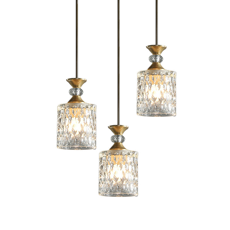 Gold Cylindrical Crystal Cluster Pendant Light - Luxurious 3-Light Down Lighting For Restaurants