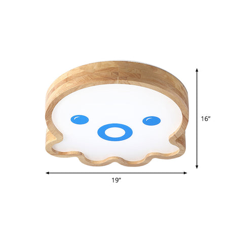 Wood Led Octopus Flushmount Lamp - Little Cartoon Style In Warm/White Light
