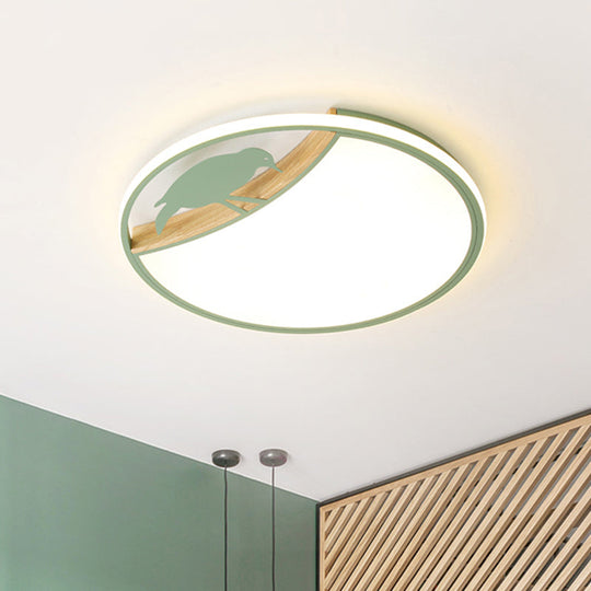 Nordic Round Led Flush Mount With Bird Deco - White/Grey/Green Acrylic Fixture Green