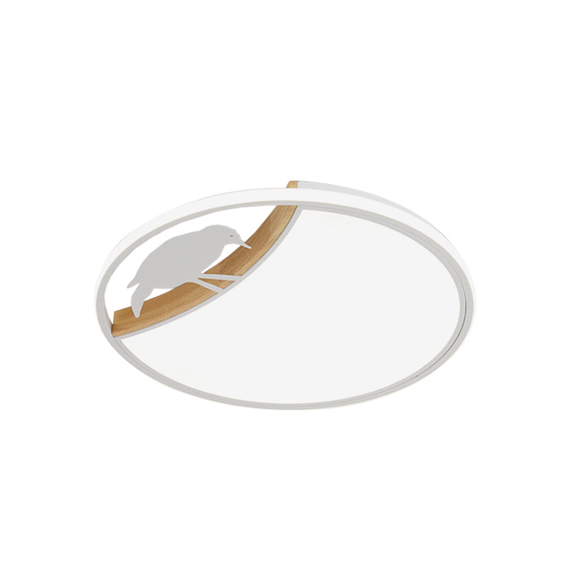 Nordic Round Led Flush Mount With Bird Deco - White/Grey/Green Acrylic Fixture