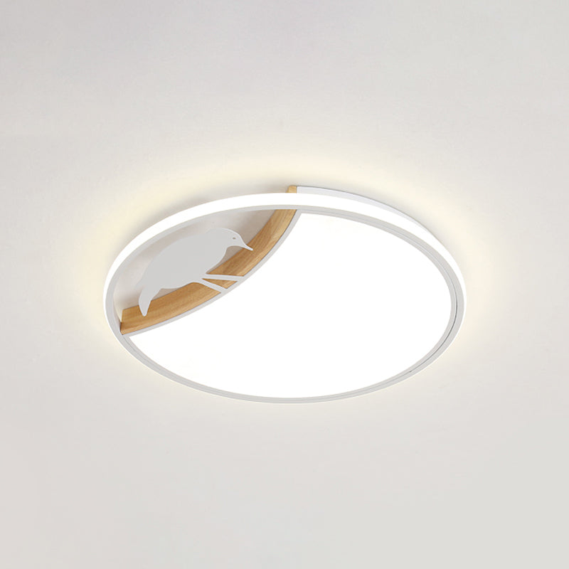 Nordic Round Led Flush Mount With Bird Deco - White/Grey/Green Acrylic Fixture
