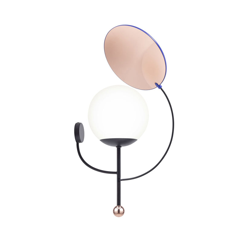 Nordic Opal Glass Wall Sconce With Round Mirror - 1-Head Bedroom Light Fixture (Black)