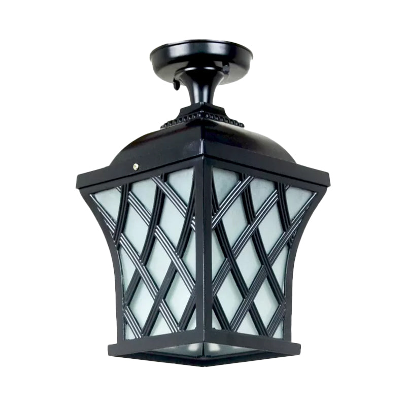Opal Glass Lantern Semi Flush Mount Country Balcony Light In Black/Bronze - Metal X - Frame 1