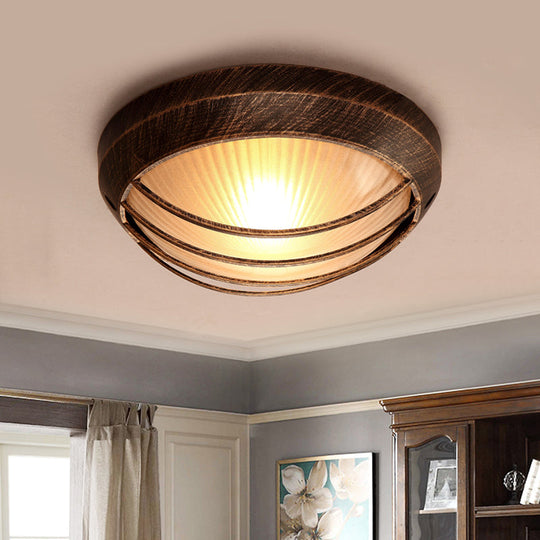 Frosted Ribbed Glass Flush Mount Ceiling Light In Rustic Bronze With Metal Cage - 1 - Light Porch