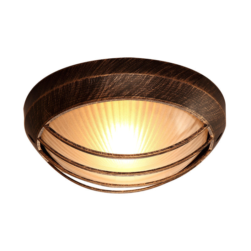 Frosted Ribbed Glass Flush Mount Ceiling Light In Rustic Bronze With Metal Cage - 1-Light Porch