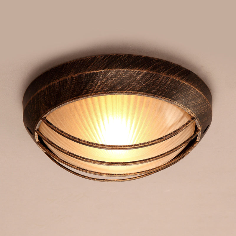 Frosted Ribbed Glass Flush Mount Ceiling Light In Rustic Bronze With Metal Cage - 1-Light Porch