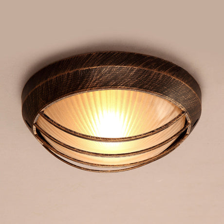 Frosted Ribbed Glass Flush Mount Ceiling Light In Rustic Bronze With Metal Cage - 1-Light Porch