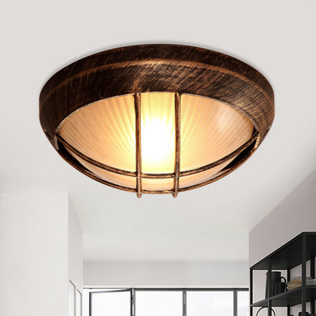 Frosted Ribbed Glass Flush Mount Ceiling Light In Rustic Bronze With Metal Cage - 1-Light Porch